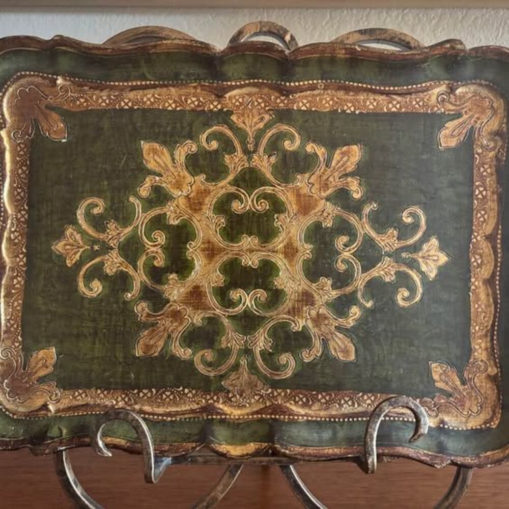 Gorgeous Dark Green and Gold Vintage Florentine Tray